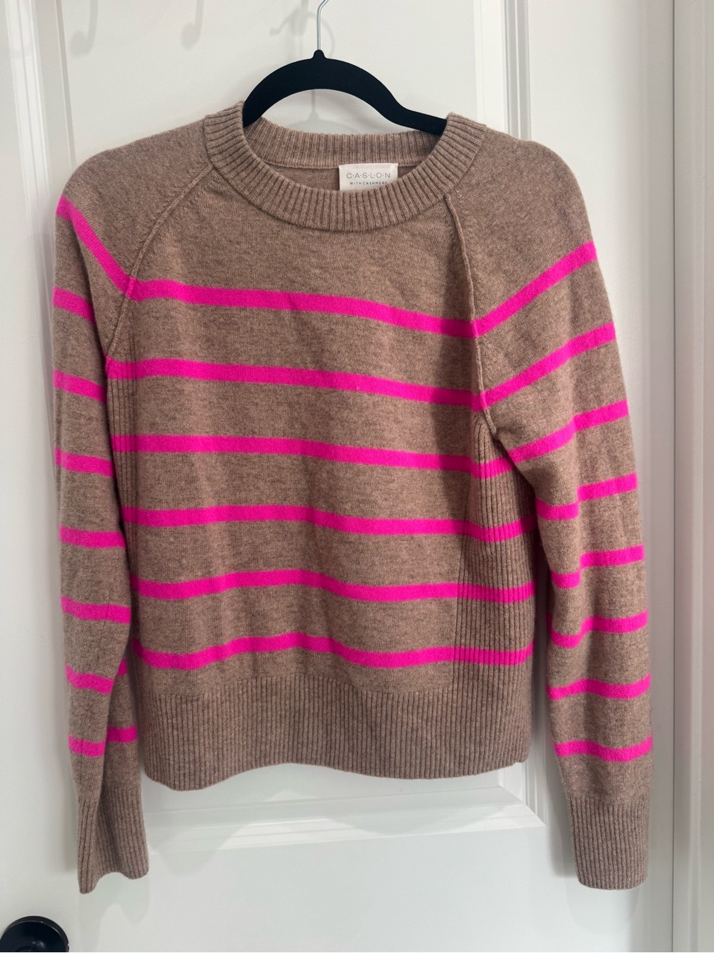 Caslon Taupe Crewneck Sweater with Bright Pink Stripes